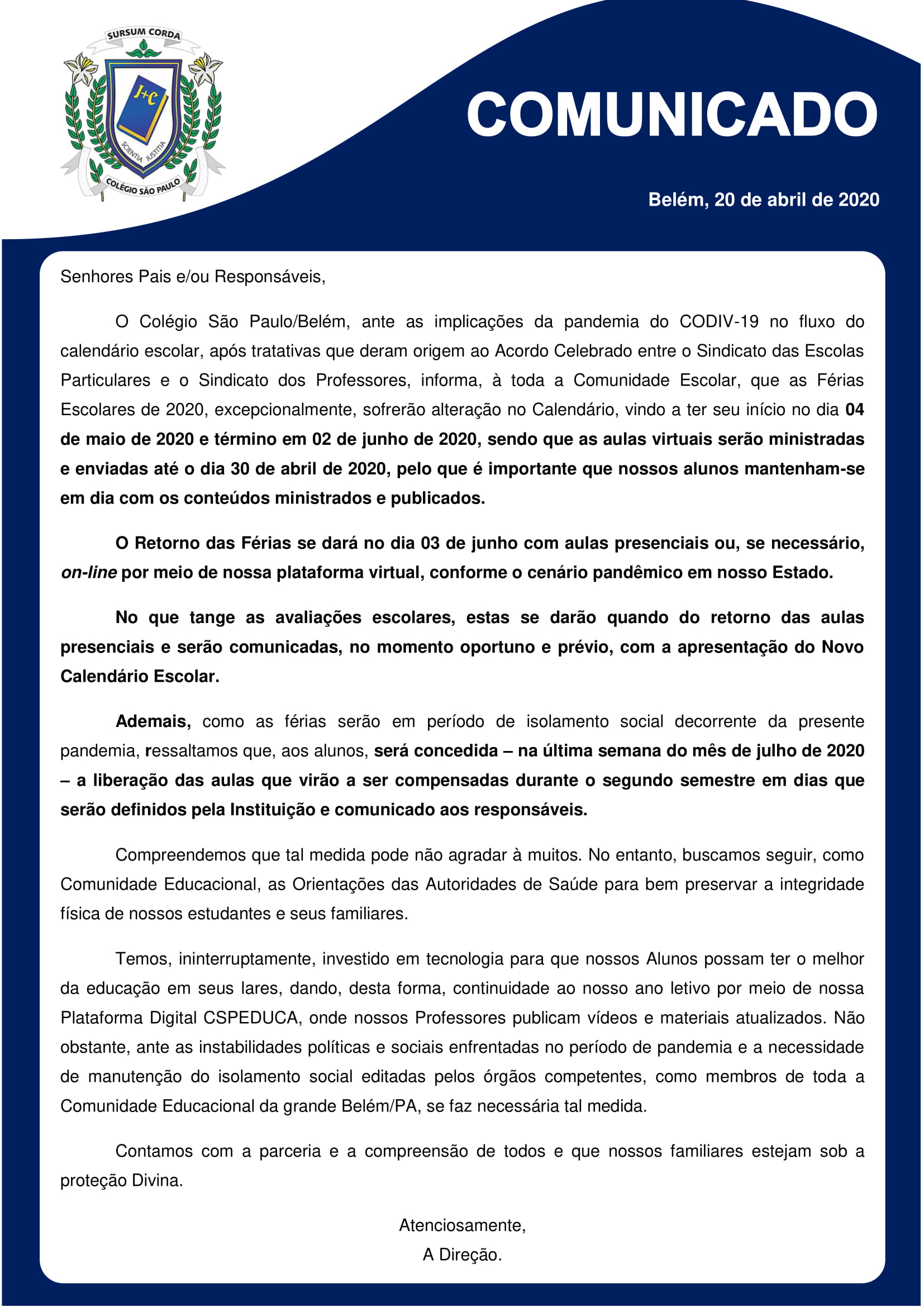 COMUNICADO DE FÉRIAS ESCOLARES